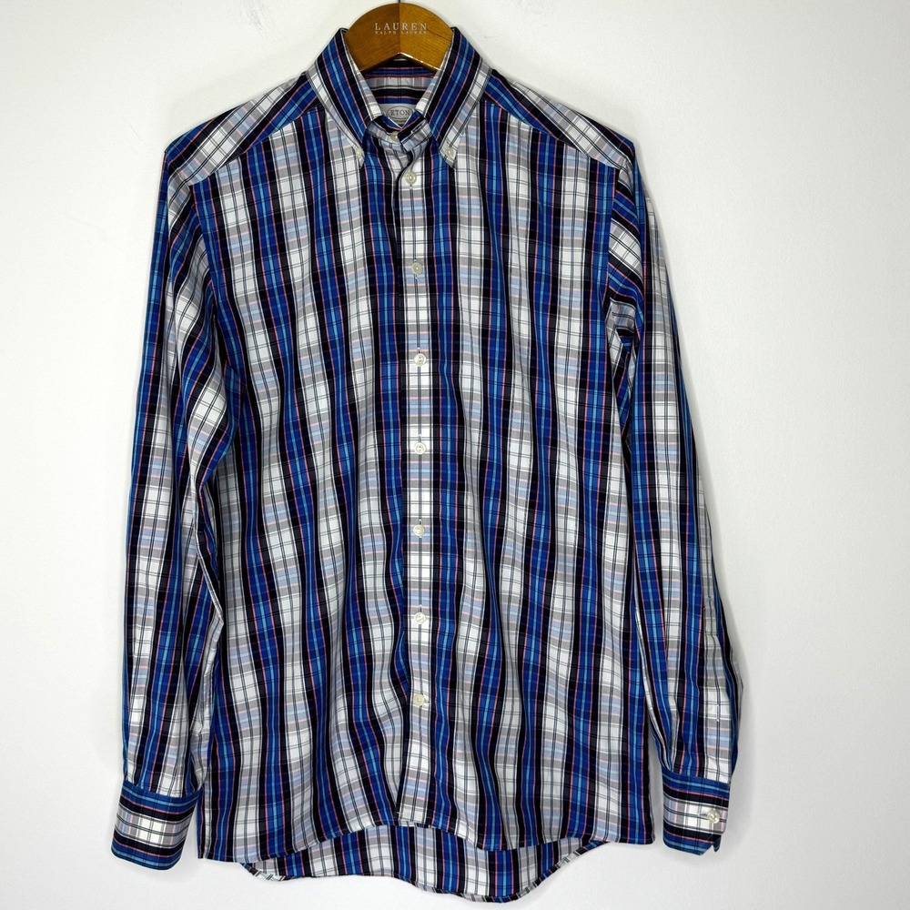Eton Blue/Pink Plaid Button Front‎ Shirt  40 15 3/4